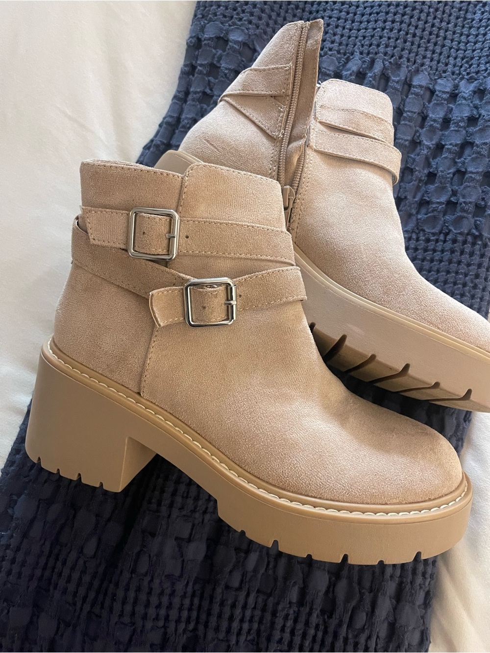 Madden Girl Beige Suede Chunky Lug Heel Ankle Boots
